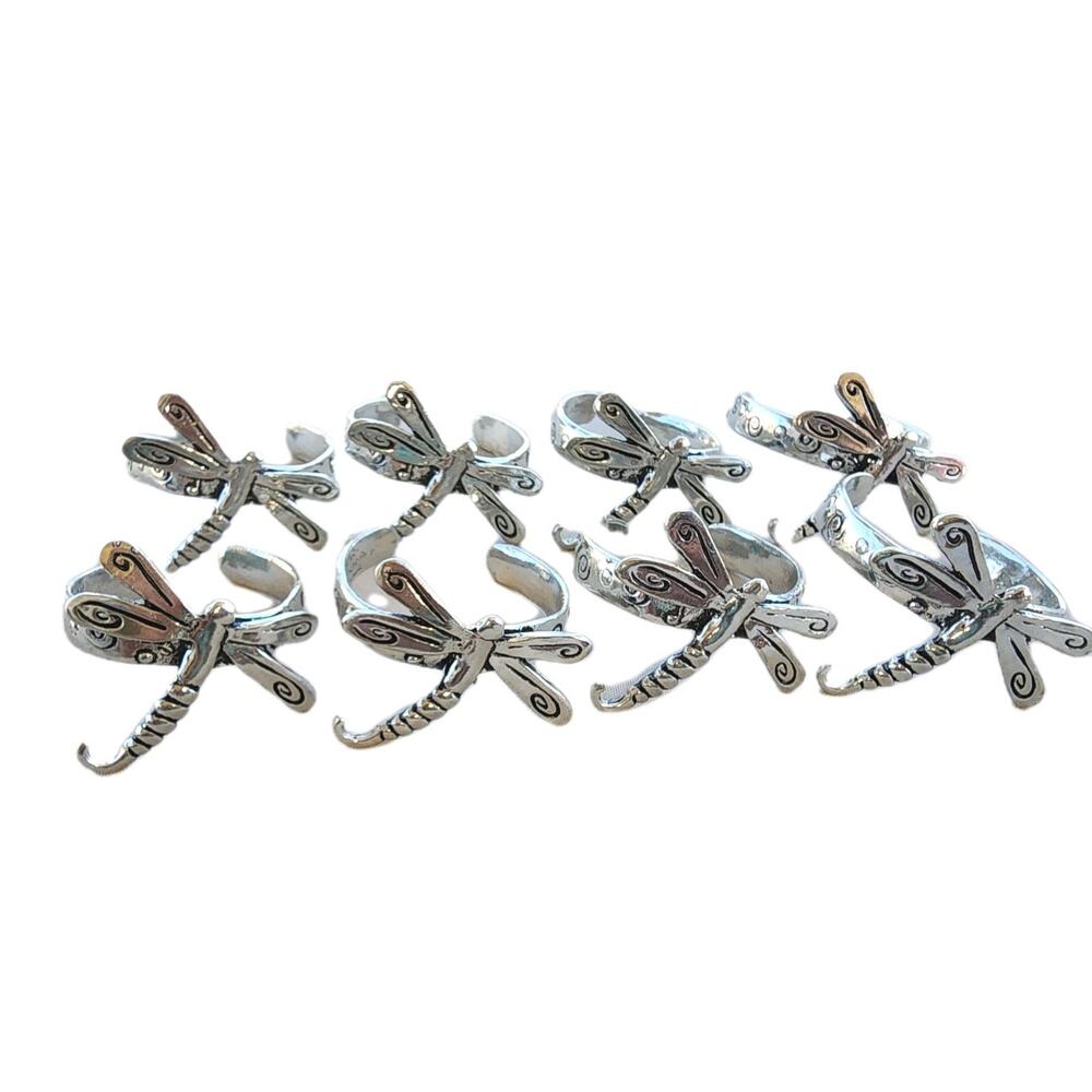 VTG Y2K Silver Metal Dragonfly Napkin Ring Holders Set Of 8 Signed Boho Table
